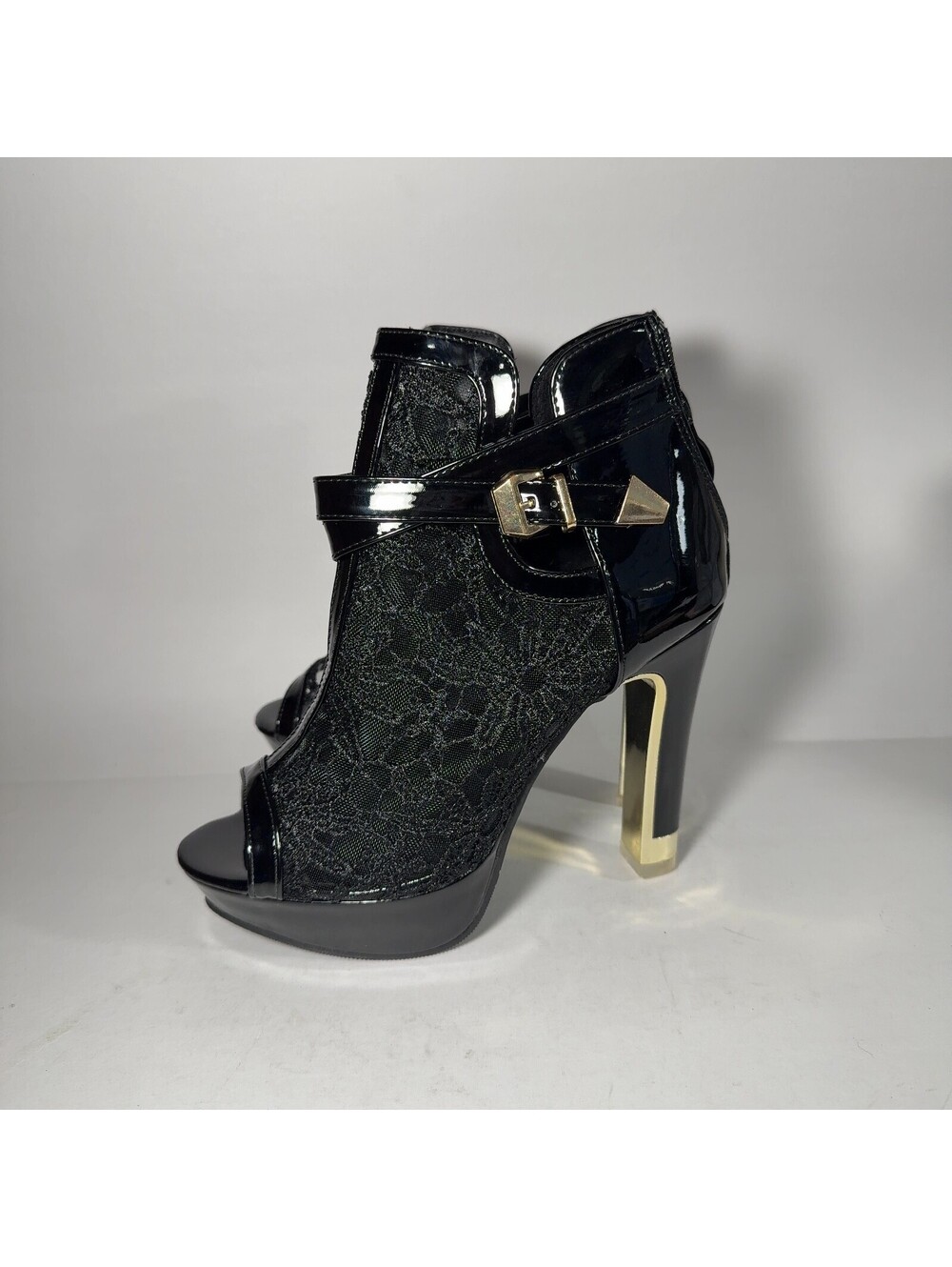Black Lace Patent Peep Toe Platform Ankle Boots Gold Heel Booties Size EU 38